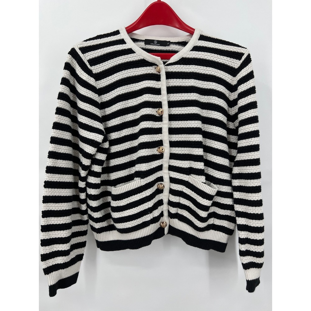 Womens L Striped Cardigan Sweater‎ Black White Gold Statement Buttons Coastal